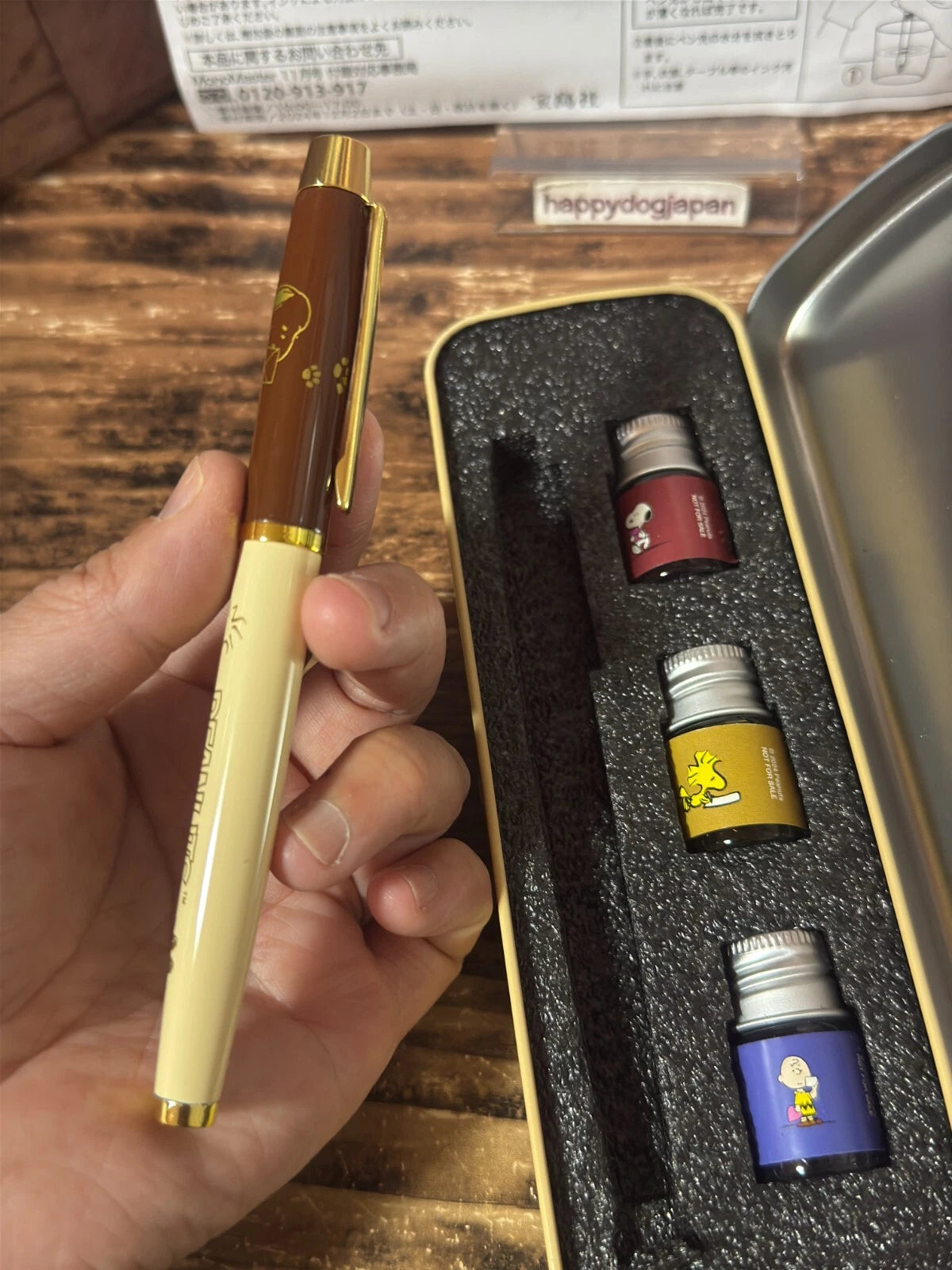 SNOOPY Design Fountain Pen with 3-Color Ink & Tin Case Japanese Manual JAPAN NEW