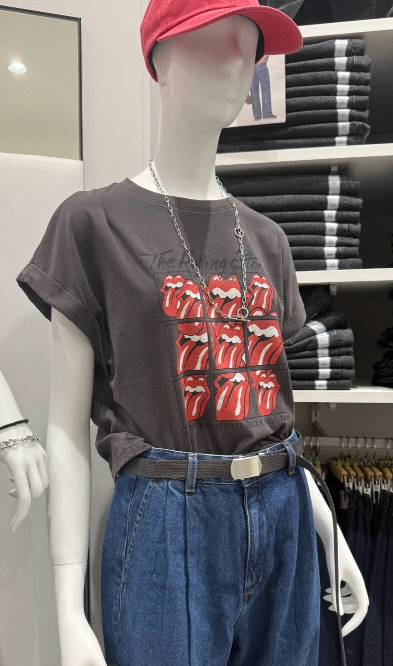 The Rolling Stones x GU T-shirt Lip and Tongue Dark Gray XL Size From JAPAN