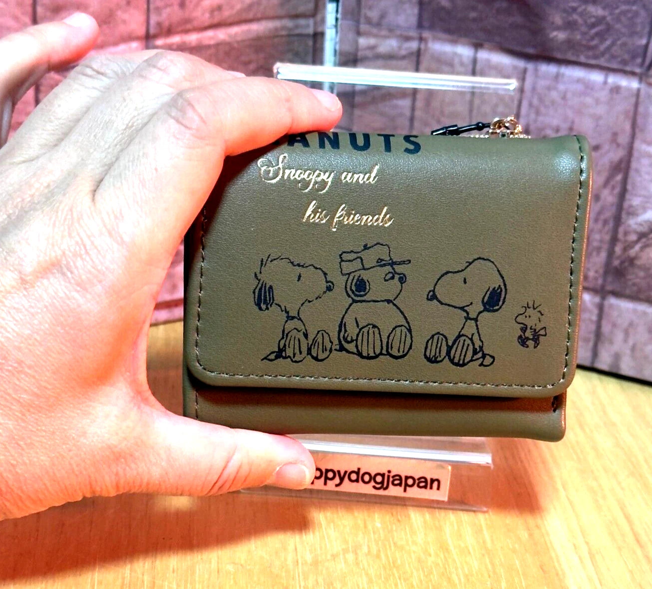 SNOOPY Palm-sized Compact Tri-fold wallet Synthetic Leather Olive From JAPAN NEW