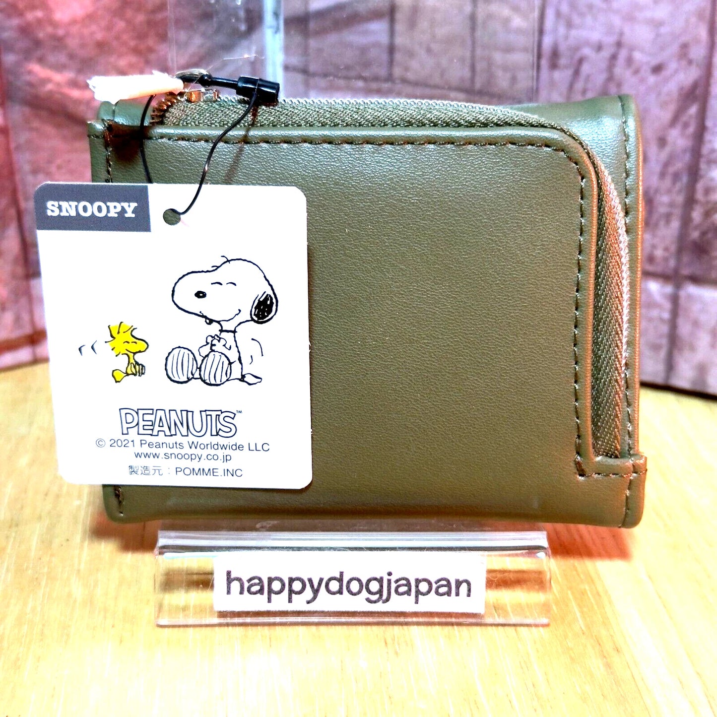 SNOOPY Palm-sized Compact Tri-fold wallet Synthetic Leather Olive From JAPAN NEW
