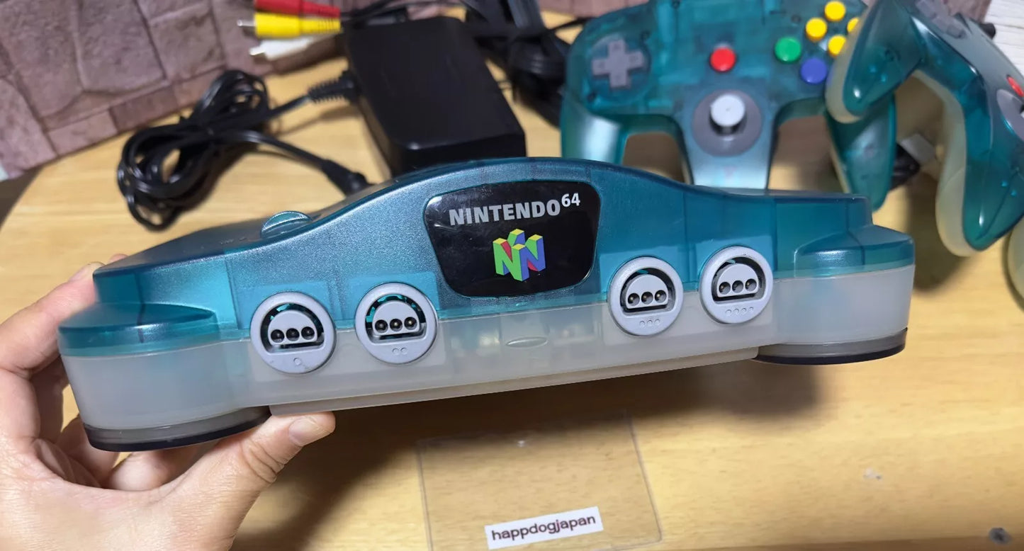 Nintendo 64 Clear Blue Console 2 Controllers NTSC-J Power & AV Cable Tested JPN