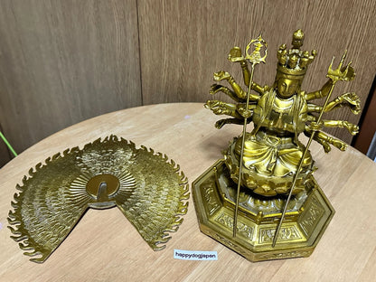 Thousand-Armed Kannon Bodhisattva Buddhist carving 9.8in Brass From JAPAN