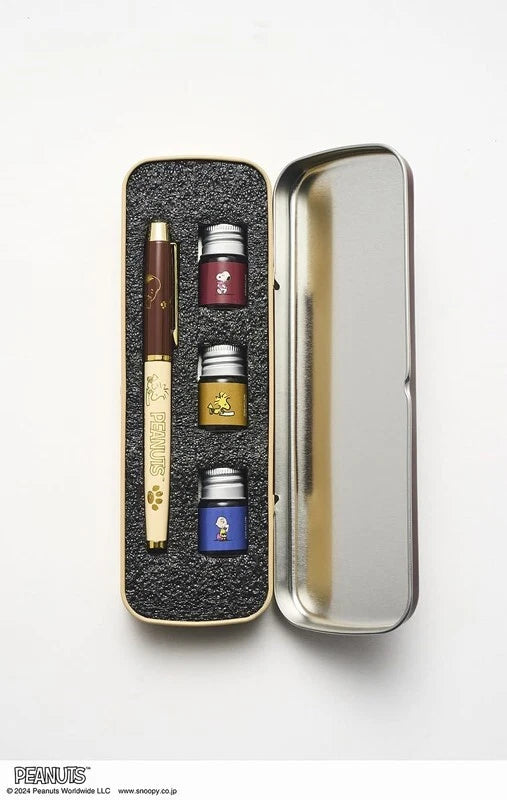 SNOOPY Design Fountain Pen with 3-Color Ink & Tin Case Japanese Manual JAPAN NEW