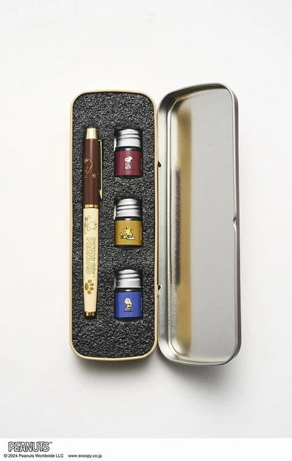 SNOOPY Design Fountain Pen with 3-Color Ink & Tin Case Japanese Manual JAPAN NEW