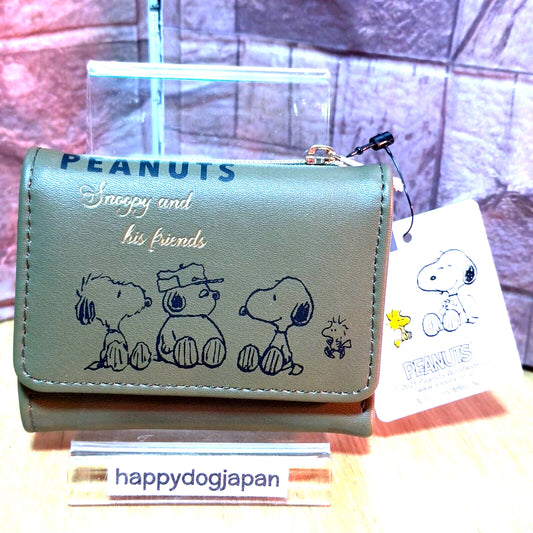 SNOOPY Palm-sized Compact Tri-fold wallet Synthetic Leather Olive From JAPAN NEW