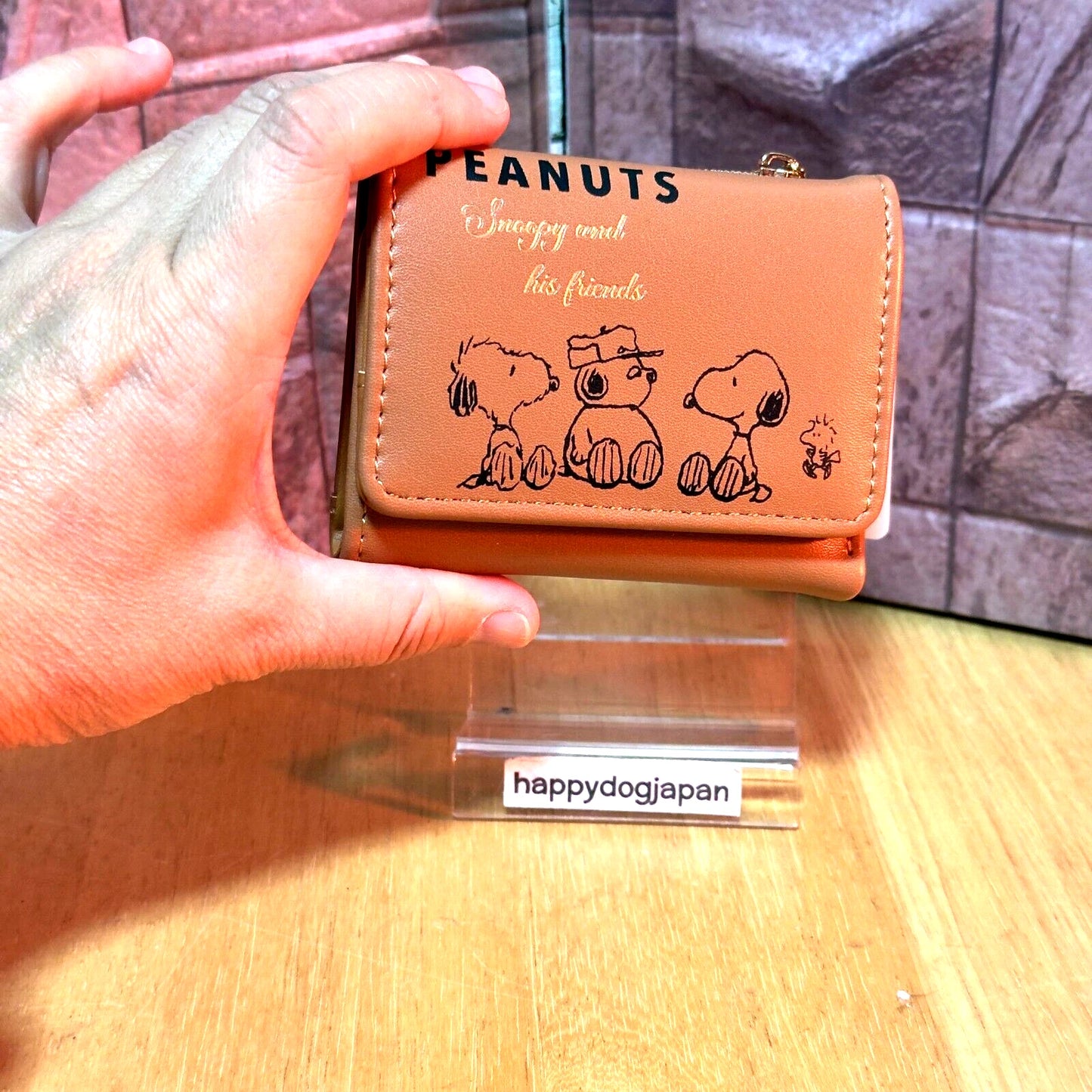 SNOOPY Palm-sized Compact Tri-fold wallet Synthetic Leather Brown From JAPAN NEW