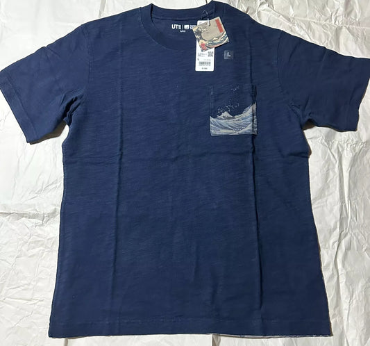UNIQLO 2023 Ukiyoe Japanese Art rough waves T-shirt Navy Size L From JAPAN