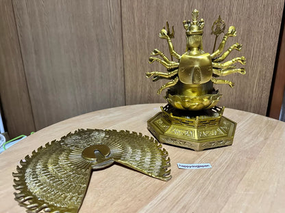 Thousand-Armed Kannon Bodhisattva Buddhist carving 9.8in Brass From JAPAN