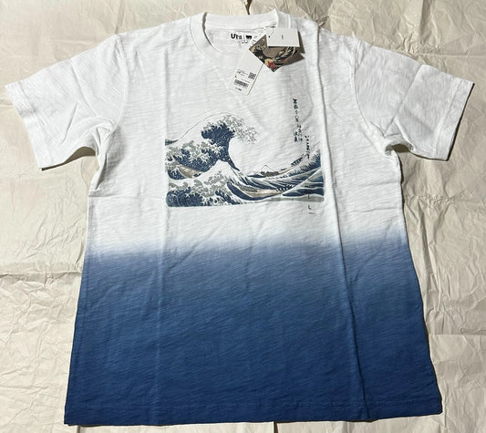 UNIQLO 2023 Ukiyoe Japanese Art Waves T-shirt White & Navy Size L From JAPAN