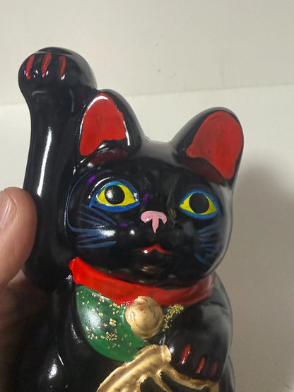 JAPANESE Lucky Cat Seto were 千万両 Long-Handed Black Cat (Right) 5.1 in Piggy Bank