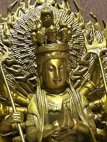 Thousand-Armed Kannon Bodhisattva Buddhist carving 9.8in Brass From JAPAN