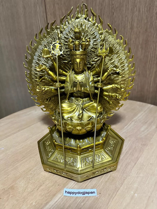 Thousand-Armed Kannon Bodhisattva Buddhist carving 9.8in Brass From JAPAN