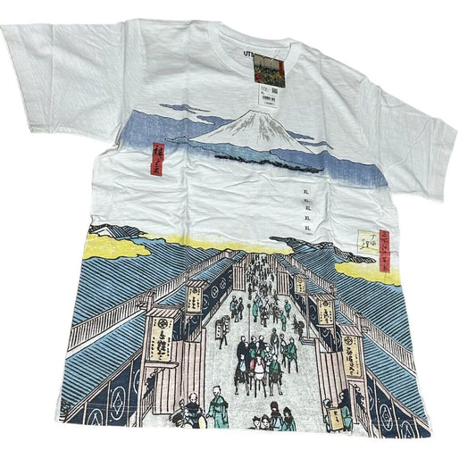 UNIQLO 2024 Ukiyoe Mt.Fuji & Townscape design T-shirt White Size XL From JAPAN