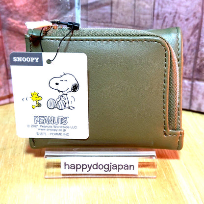SNOOPY Palm-sized Compact Tri-fold wallet Synthetic Leather Olive From JAPAN NEW